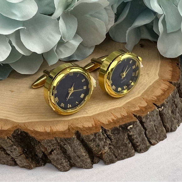 Elegant Ocean Blue and Gold Quartz Watch Cufflinks - Picture 4 of 16